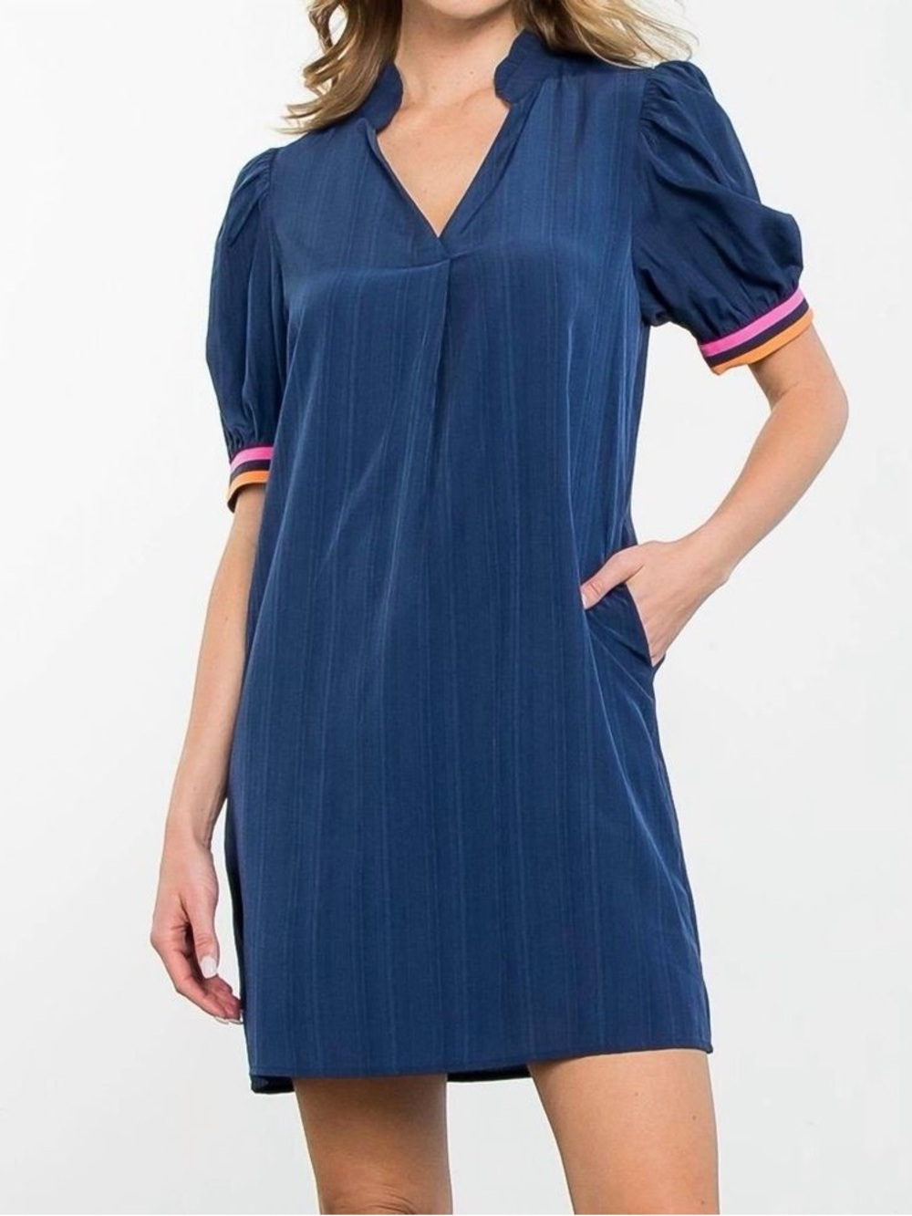 THML Berkeley Dress – Navy with Pink & Orange Trim NWOT, Size Small